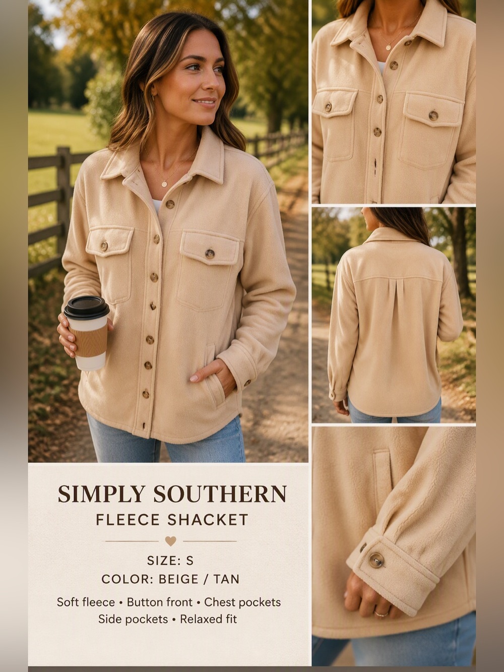 Simply Southern Beige/Tan Fleece Shacket - Button-Front Utility Jacket